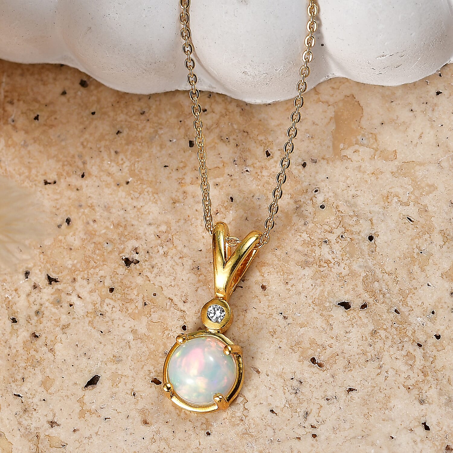 Luxuriant - Ethiopian Opal & Lab Grown Diamond (SI-G-H) Drop Pendant with Chain (Size 20) in Yellow Gold Plated Sterling Silver 1.00 Ct.