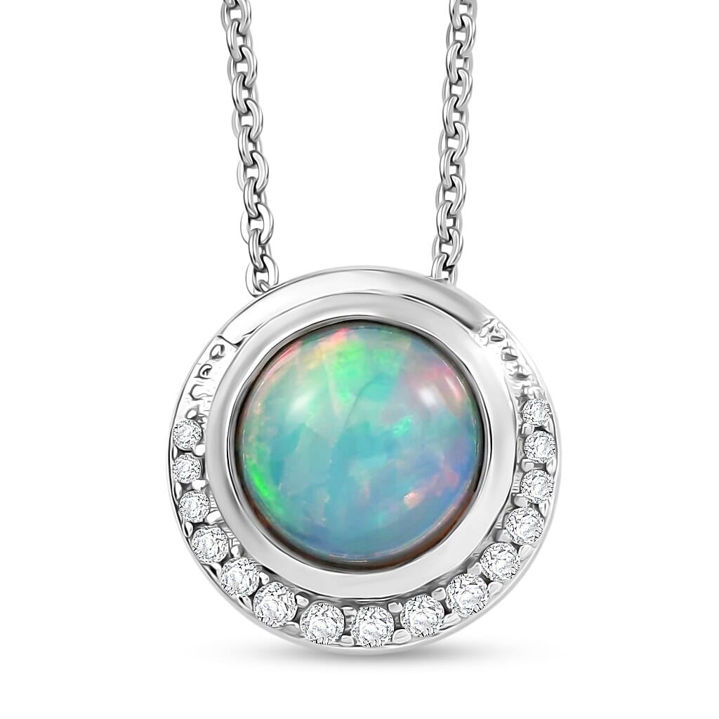 D'Joy - Ethiopian Opal & White Zircon Pendant with Chain (Size 20) in Rhodium Overlay Sterling Silver 1.07 Ct.