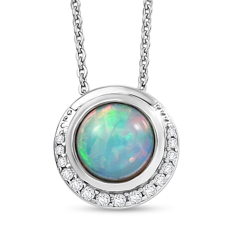 D'Joy - Ethiopian Opal & White Zircon Pendant with Chain (Size 20) in Rhodium Overlay Sterling Silver 1.07 Ct.