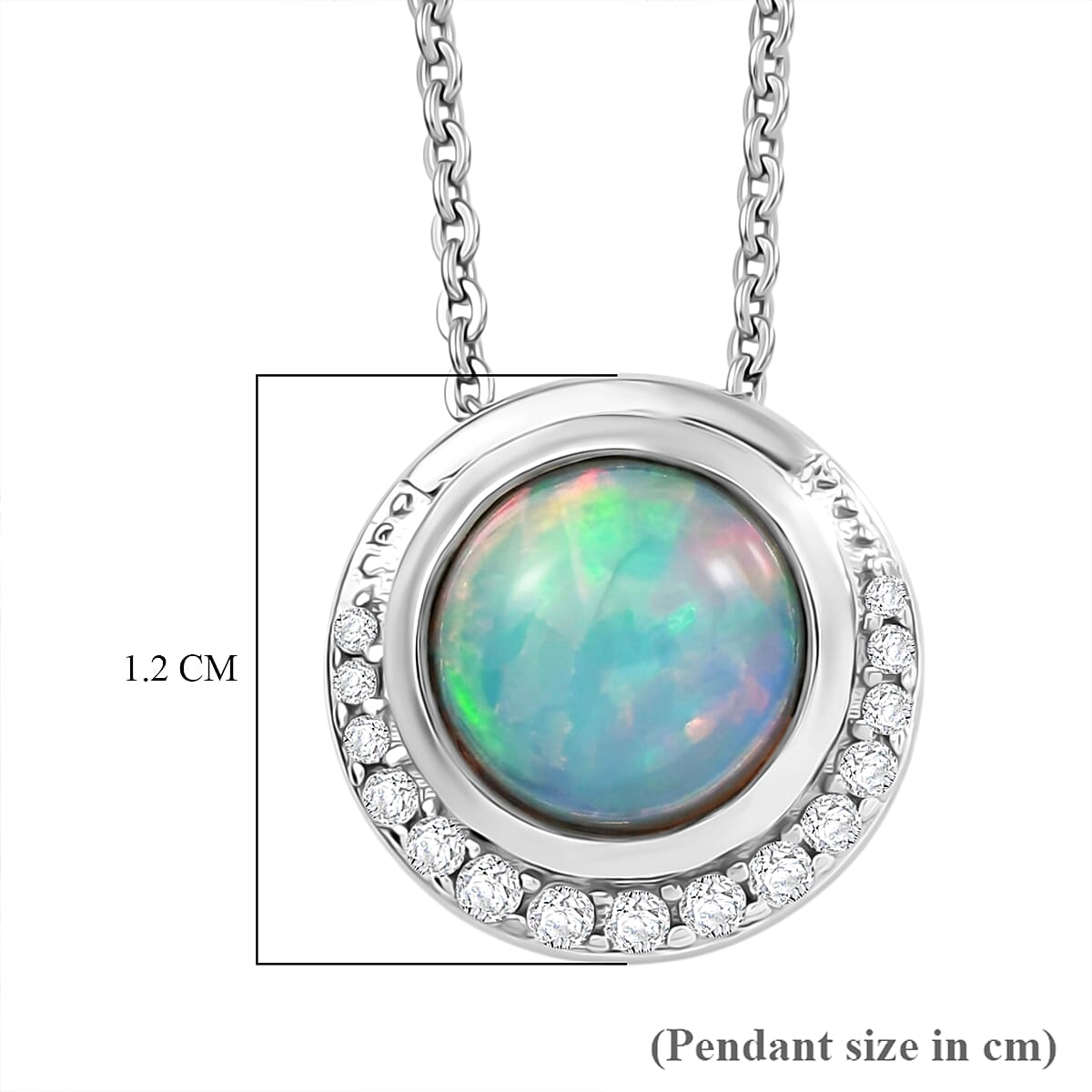 D'Joy - Ethiopian Opal & White Zircon Pendant with Chain (Size 20) in Rhodium Overlay Sterling Silver 1.07 Ct.