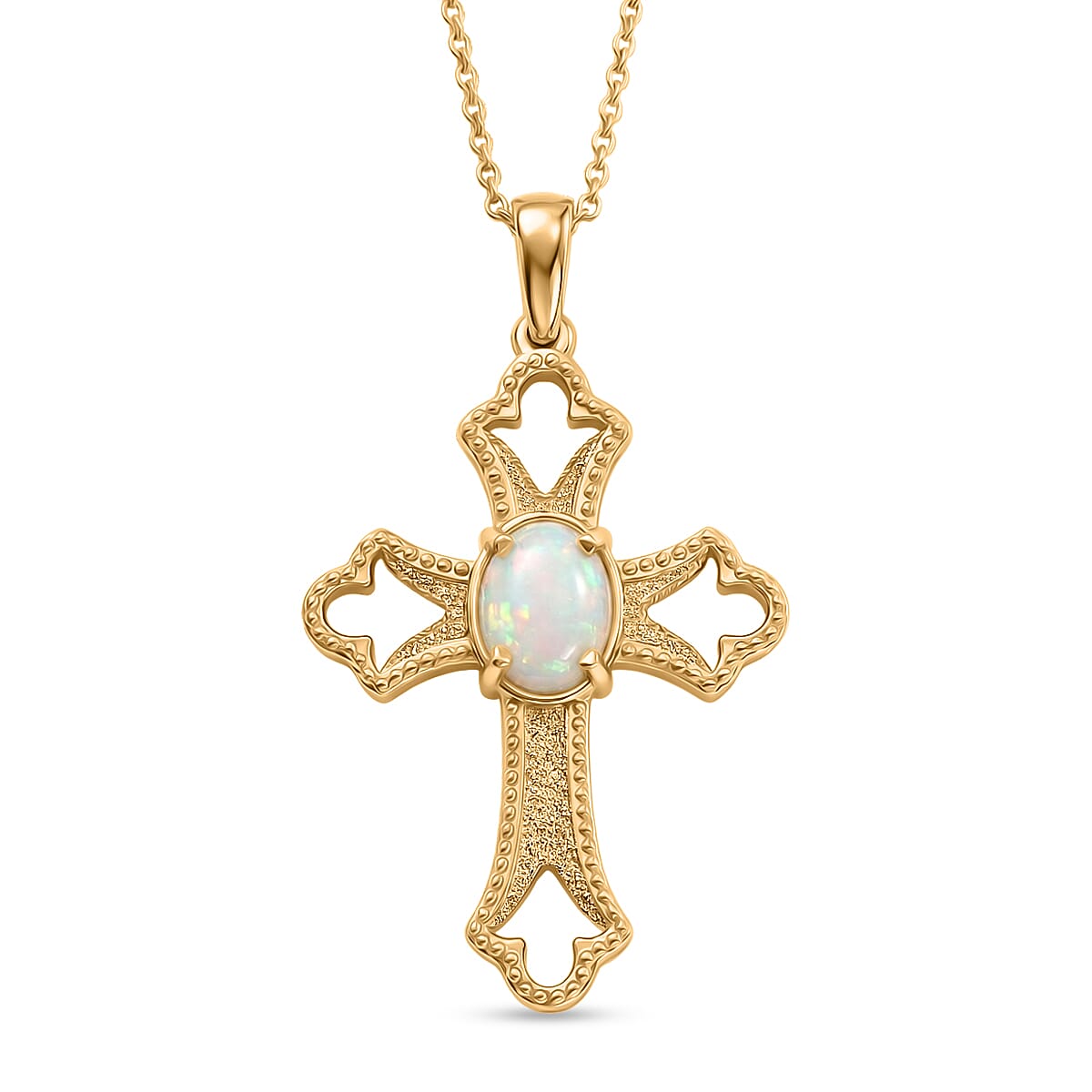D'Joy - Ethiopian Opal Cross Pendant with Chain (Size 20) in Yellow Gold Plated Sterling Silver