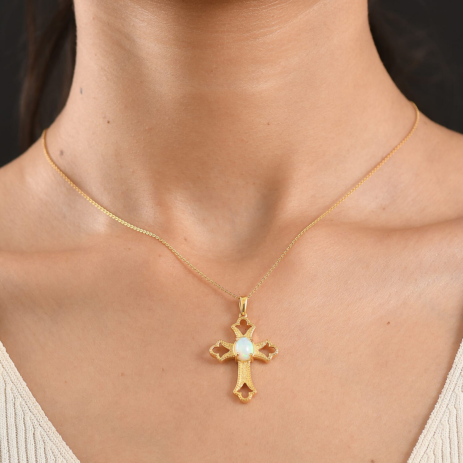 D'Joy - Ethiopian Opal Cross Pendant with Chain (Size 20) in Yellow Gold Plated Sterling Silver