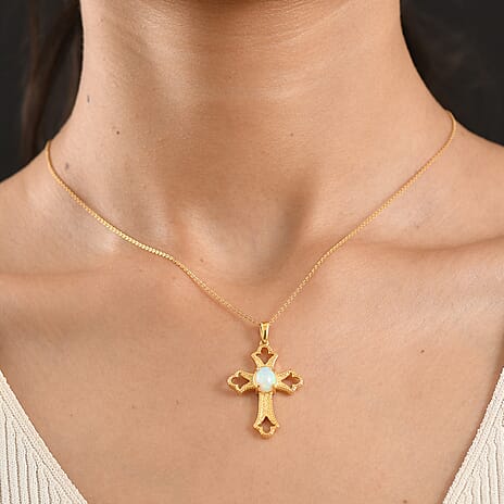 D'Joy - Ethiopian Opal Cross Pendant with Chain (Size 20) in Yellow Gold Plated Sterling Silver