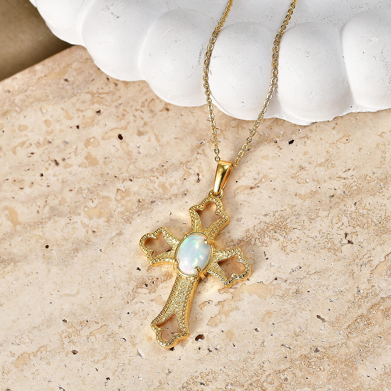 D'Joy - Ethiopian Opal Cross Pendant with Chain (Size 20) in Yellow Gold Plated Sterling Silver