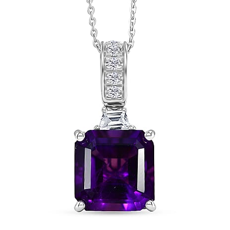 D'Joy - AAA Zambian Amethyst & White Zircon Pendant with Chain (Size 20) in Rhodium Overlay Sterling Silver 6.64 Ct.