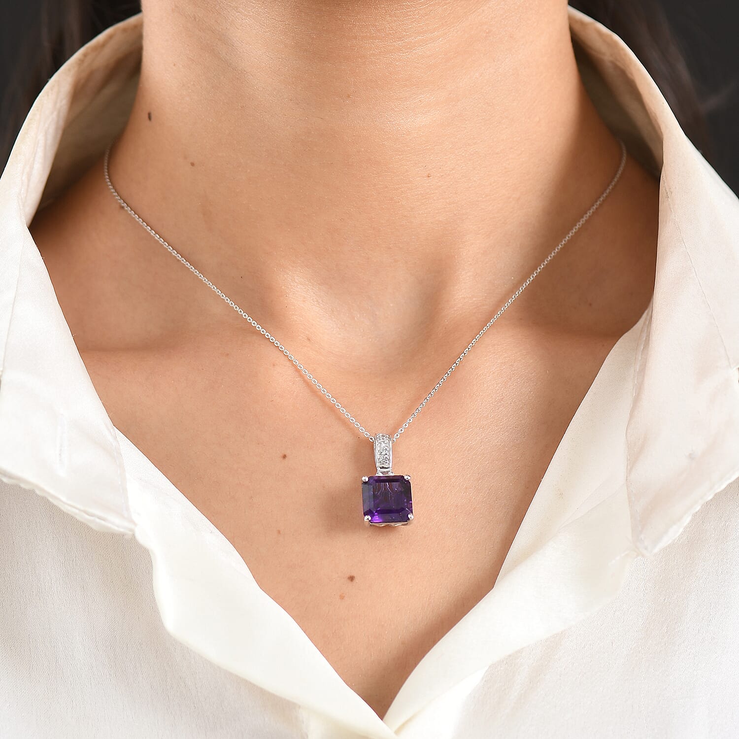 D'Joy - AAA Zambian Amethyst & White Zircon Pendant with Chain (Size 20) in Rhodium Overlay Sterling Silver 6.64 Ct.