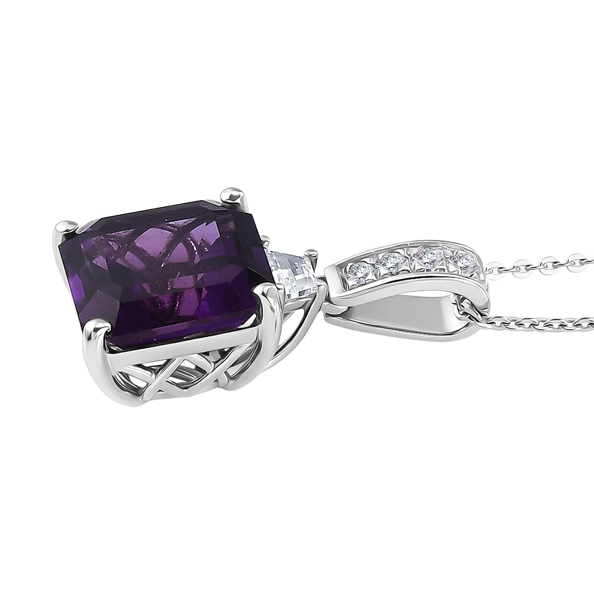 D'Joy - AAA Zambian Amethyst & White Zircon Pendant with Chain (Size 20) in Rhodium Overlay Sterling Silver 6.64 Ct.