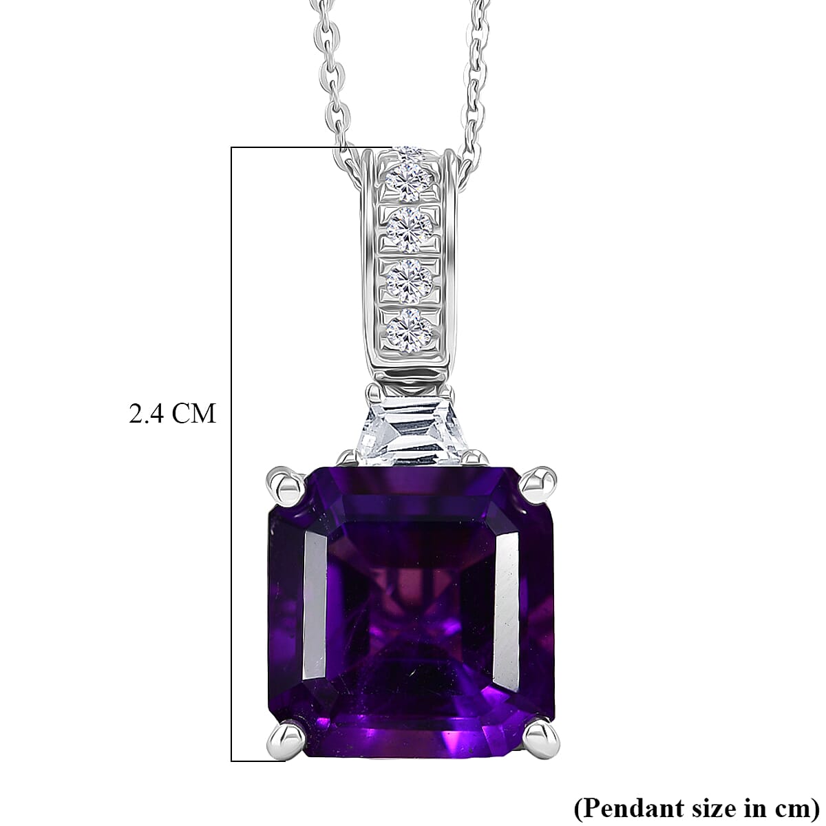 D'Joy - AAA Zambian Amethyst & White Zircon Pendant with Chain (Size 20) in Rhodium Overlay Sterling Silver 6.64 Ct.