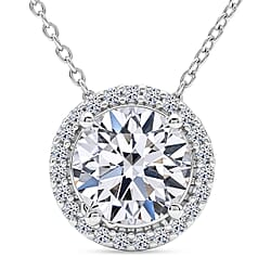 LUXURIANT 2 Ct. Lab Grown Diamond Halo Pendant with Chain (Size 18-2 Ext) in Rhodium Overlay Sterling Silver (SI-G-H)