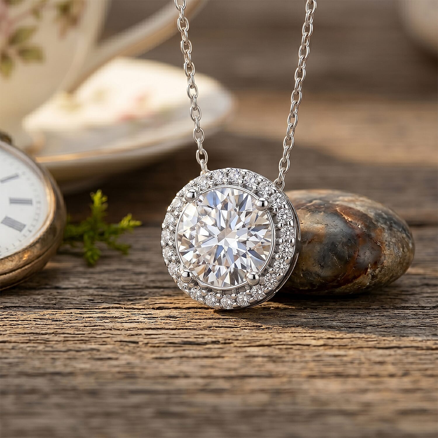 Luxuriant - Lab Grown Diamond (SI-G-H) Halo Pendant with Chain (Size 18-2 Ext) in Rhodium Overlay Sterling Silver 2.00 Ct.