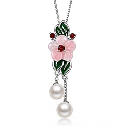 Pink Mother Of Pearl & Multi Gemstone Floral Drop Pendant with Chain (Size 18) in Rhodium Overlay Sterling Silver 7.40 Ct.