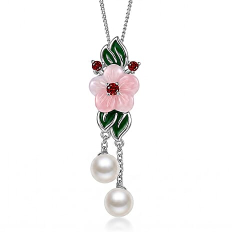 Pink Mother Of Pearl, Fresh Water Pearl & Red Garnet Floral Drop Pendant with Chain (Size 18) in Rhodium Overlay Sterling Silver