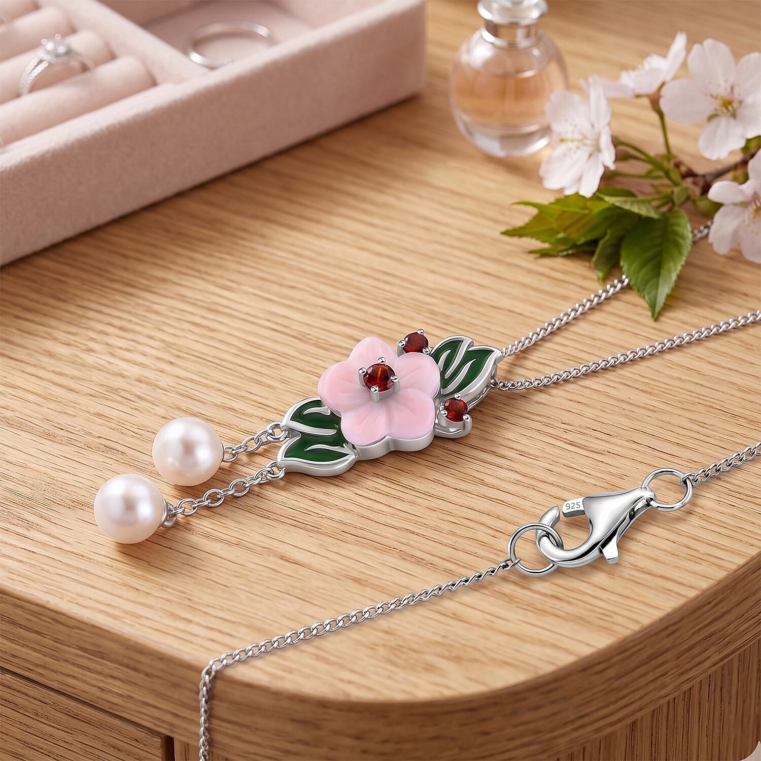Pink Mother Of Pearl, Fresh Water Pearl & Red Garnet Floral Drop Pendant with Chain (Size 18) in Rhodium Overlay Sterling Silver
