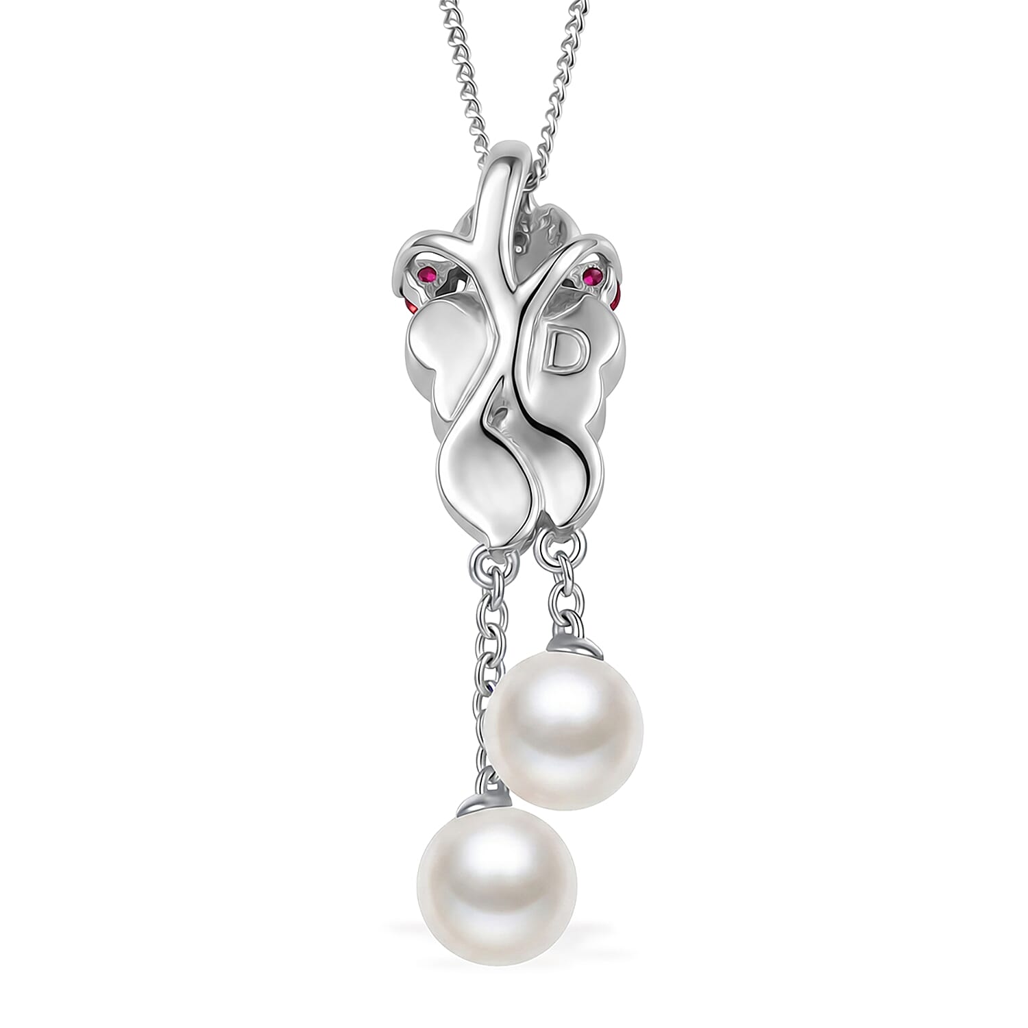 Pink Mother Of Pearl, Fresh Water Pearl & Red Garnet Floral Drop Pendant with Chain (Size 18) in Rhodium Overlay Sterling Silver