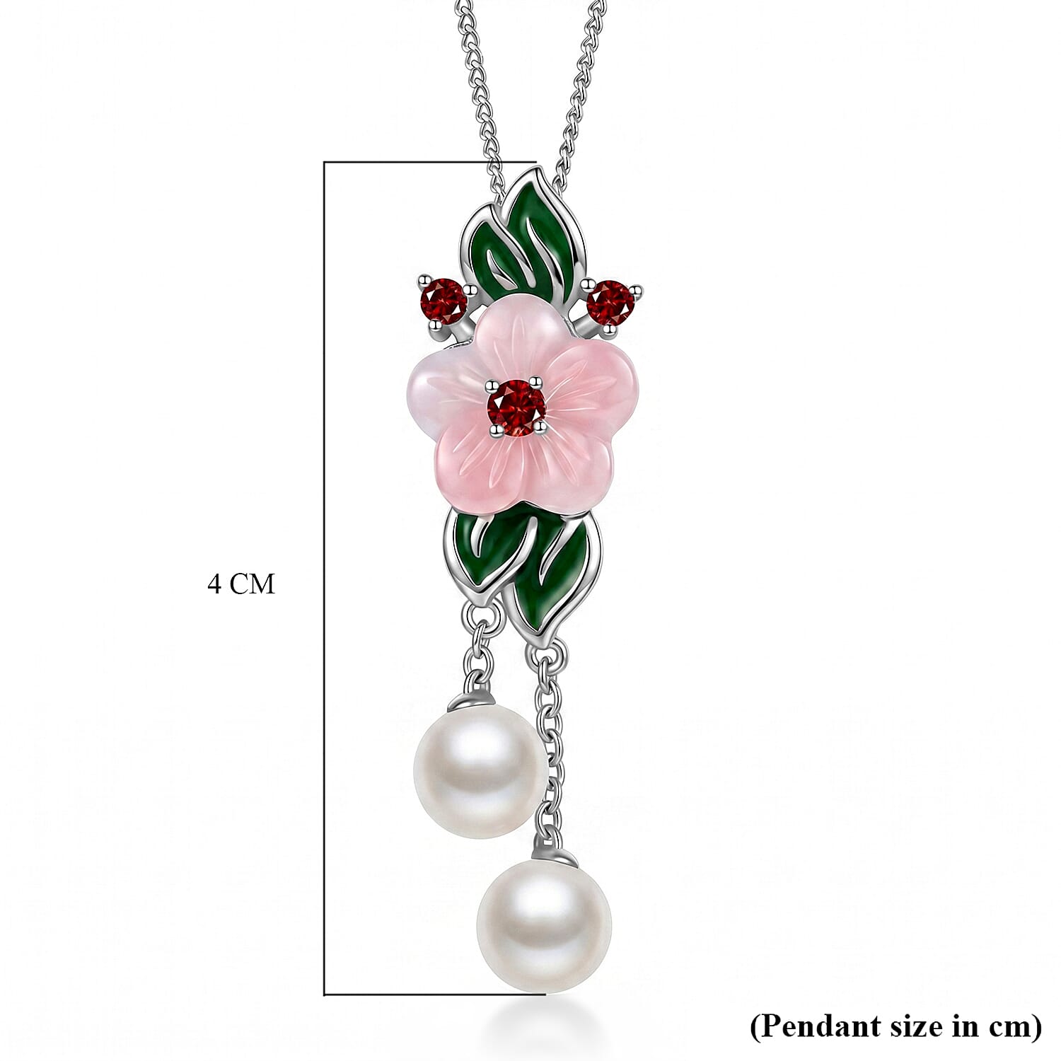 Pink Mother Of Pearl, Fresh Water Pearl & Red Garnet Floral Drop Pendant with Chain (Size 18) in Rhodium Overlay Sterling Silver