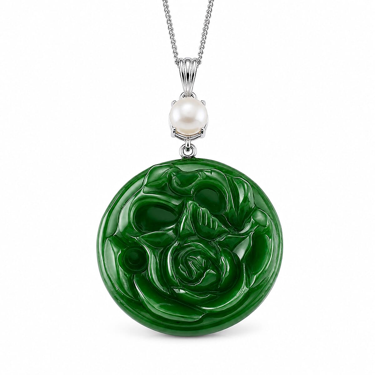 Dyed Green Jade & Fresh Water Pearl Pendant with Chain (Size 18) in Rhodium Overlay Sterling Silver 43.90 Ct.