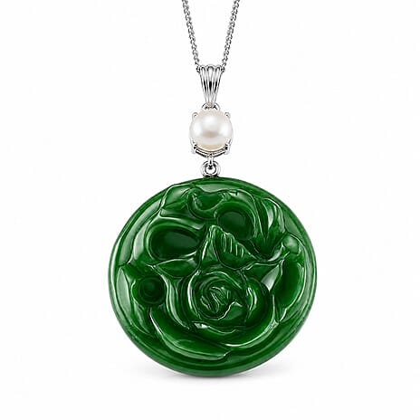 Dyed Green Jade & Fresh Water Pearl Pendant with Chain (Size 18) in Rhodium Overlay Sterling Silver 43.90 Ct.