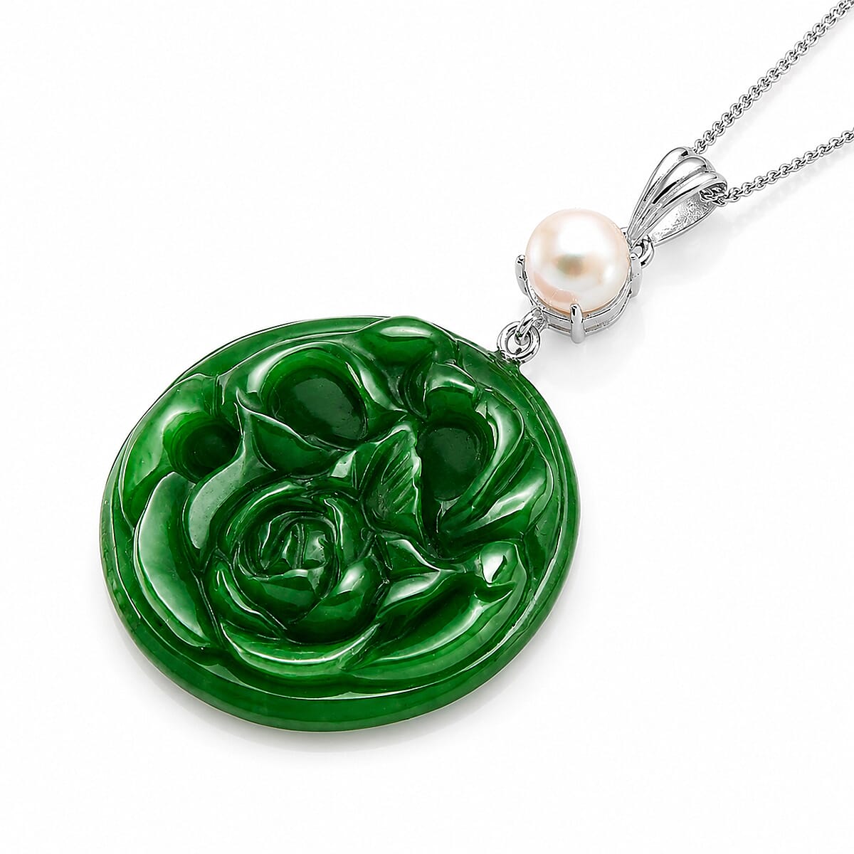 Dyed Green Jade & Fresh Water Pearl Pendant with Chain (Size 18) in Rhodium Overlay Sterling Silver 43.90 Ct.