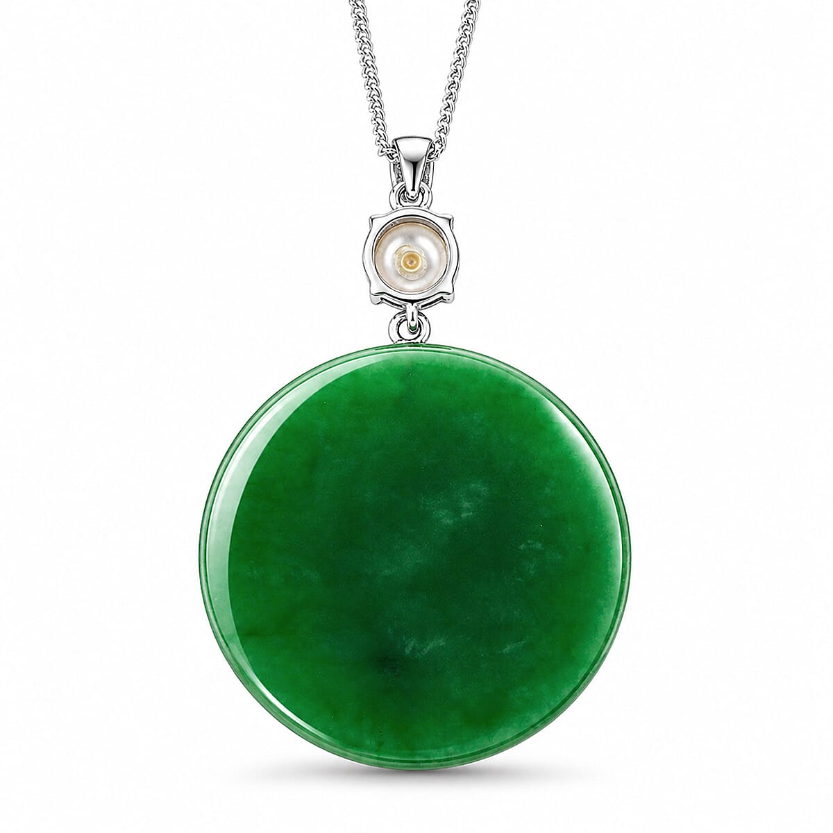 Dyed Green Jade & Fresh Water Pearl Pendant with Chain (Size 18) in Rhodium Overlay Sterling Silver 43.90 Ct.