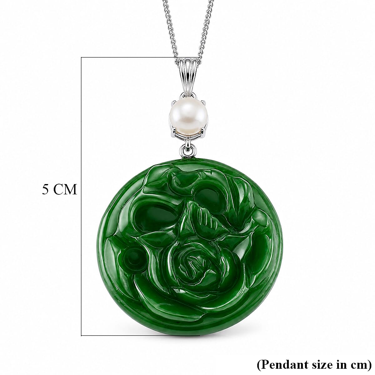 Dyed Green Jade & Fresh Water Pearl Pendant with Chain (Size 18) in Rhodium Overlay Sterling Silver 43.90 Ct.