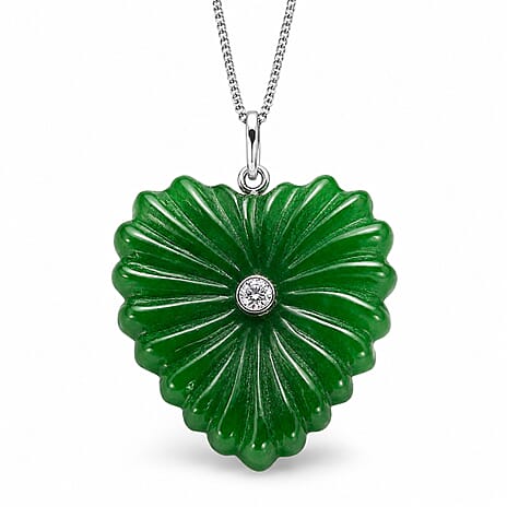 Dyed Green Jade,  Lab Grown Diamond Pendant with Chain (Size 18) in Rhodium Overlay Sterling Silver 0.10 ct  30.100  Ct.