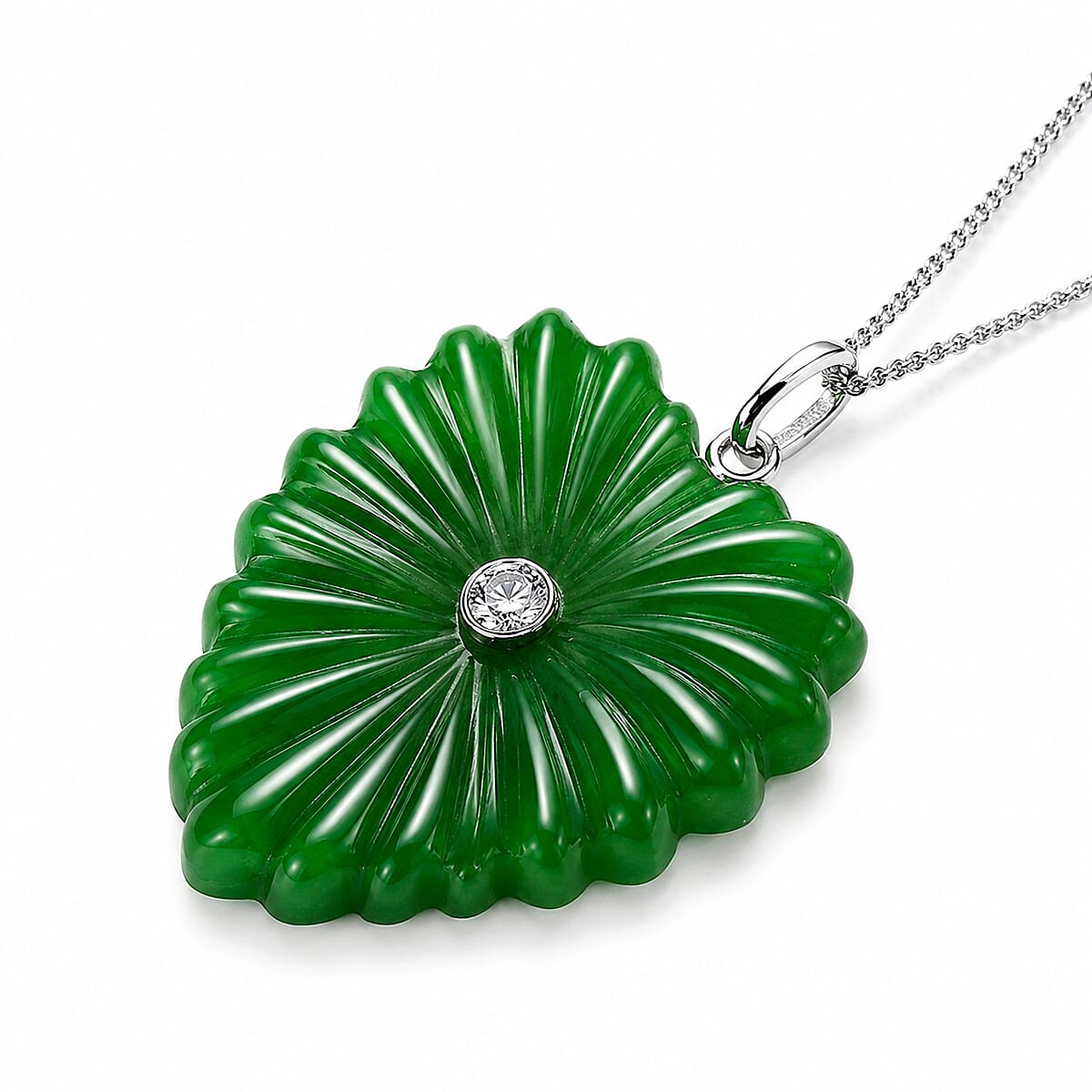 Dyed Green Jade,  Lab Grown Diamond Pendant with Chain (Size 18) in Rhodium Overlay Sterling Silver 0.10 ct  30.100  Ct.