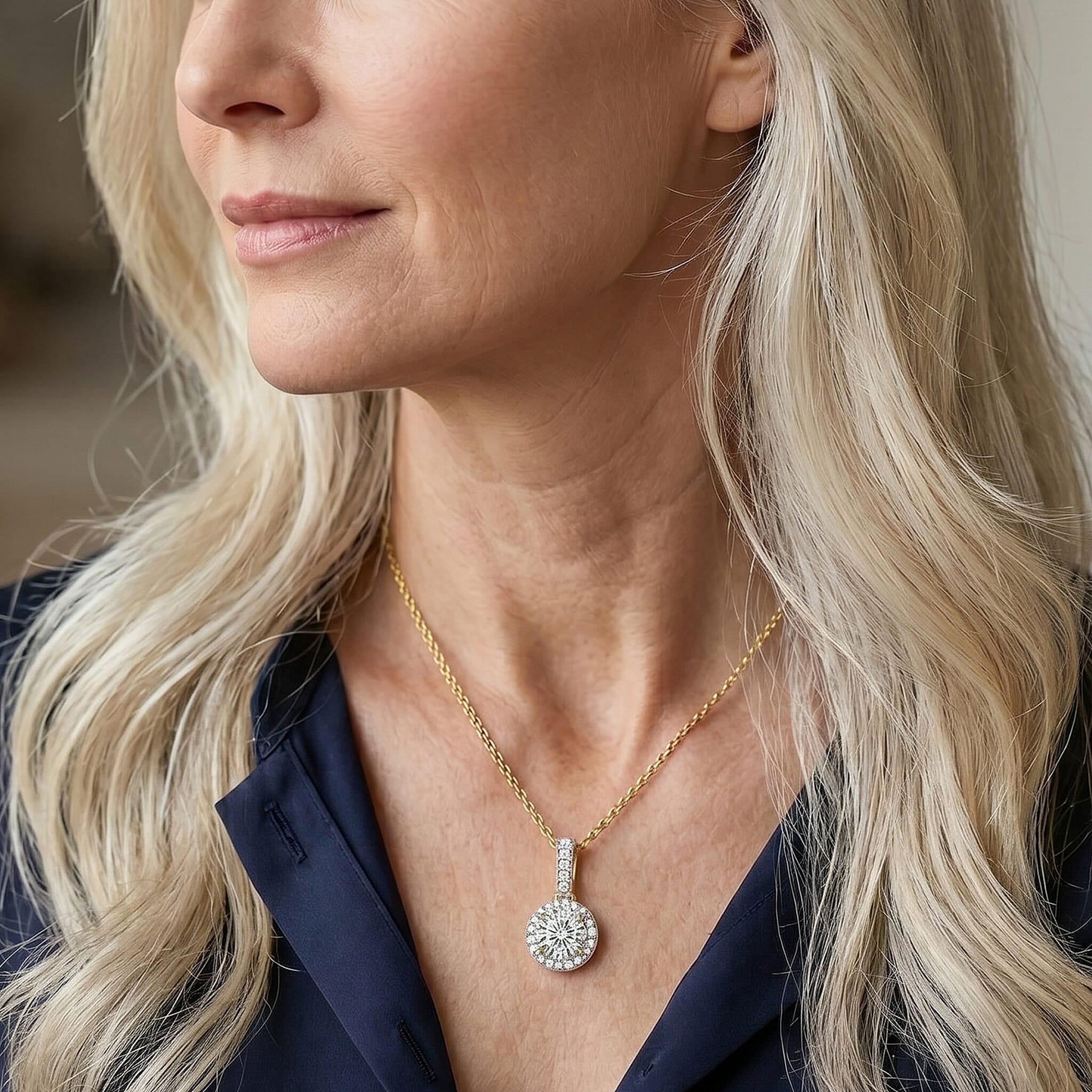 Luxuriant - SGL Certified Lab Grown Diamond (SI-G-H) Halo Pendant with Chain (Size 20) in 18K Vermeil Yellow Gold Plated Sterling Silver 1.20 Ct.