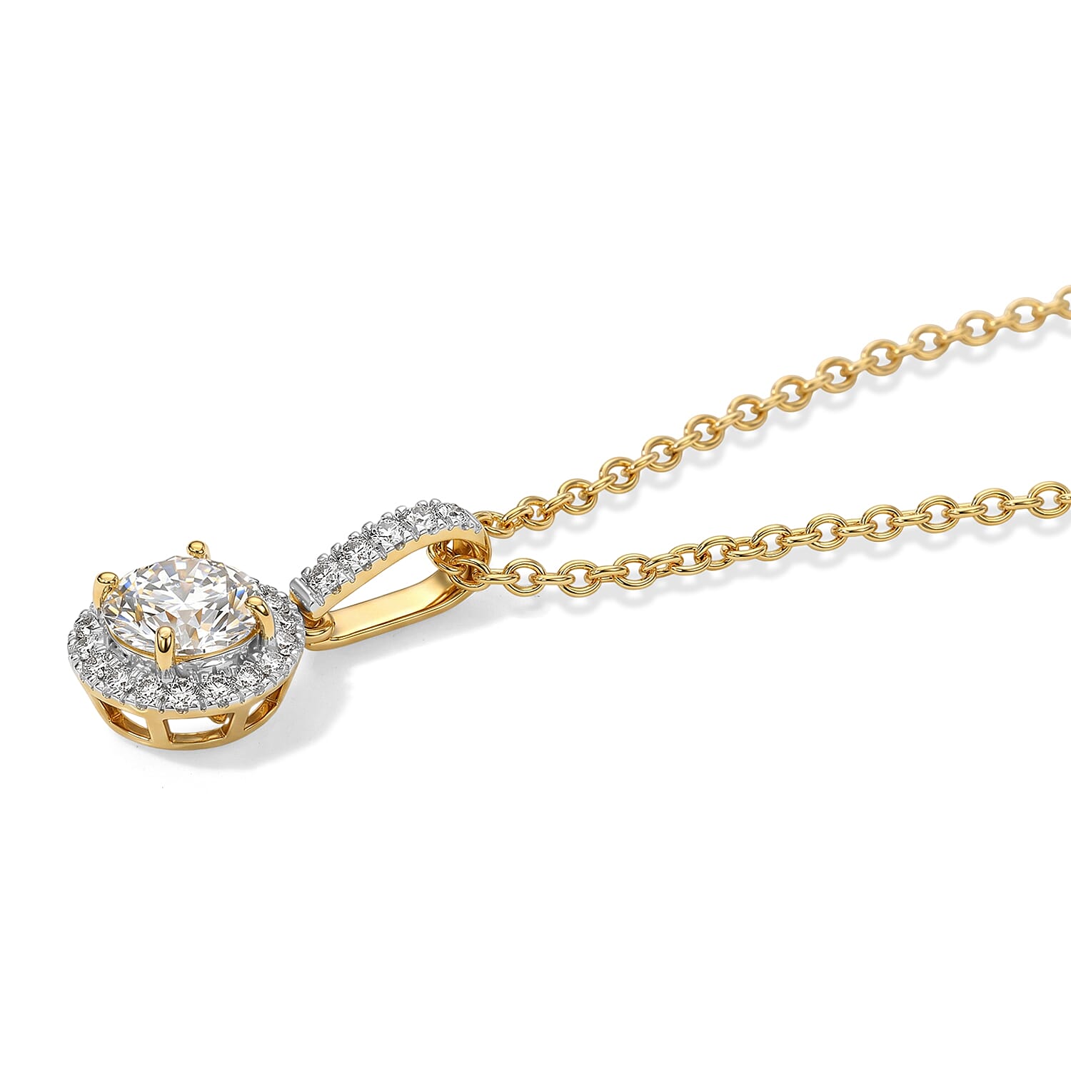 Luxuriant - SGL Certified Lab Grown Diamond (SI-G-H) Halo Pendant with Chain (Size 20) in 18K Vermeil Yellow Gold Plated Sterling Silver 1.20 Ct.