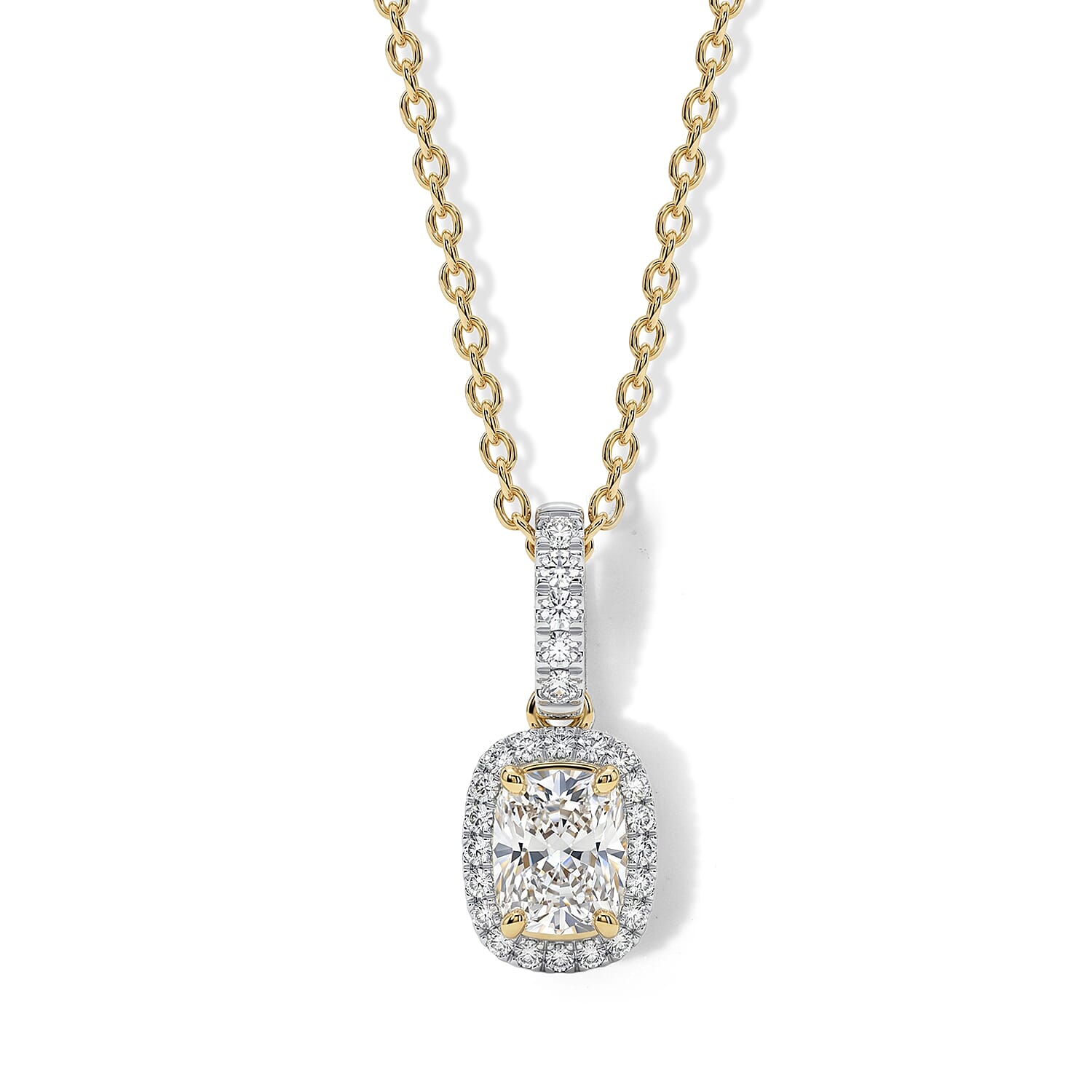 Luxuriant - SGL Certified Lab Grown Diamond (SI-G-H) Cushion Cut Halo Pendant with Chain (Size 20) in 18K Vermeil Yellow Gold Plated Sterling Silver 1.20 Ct.
