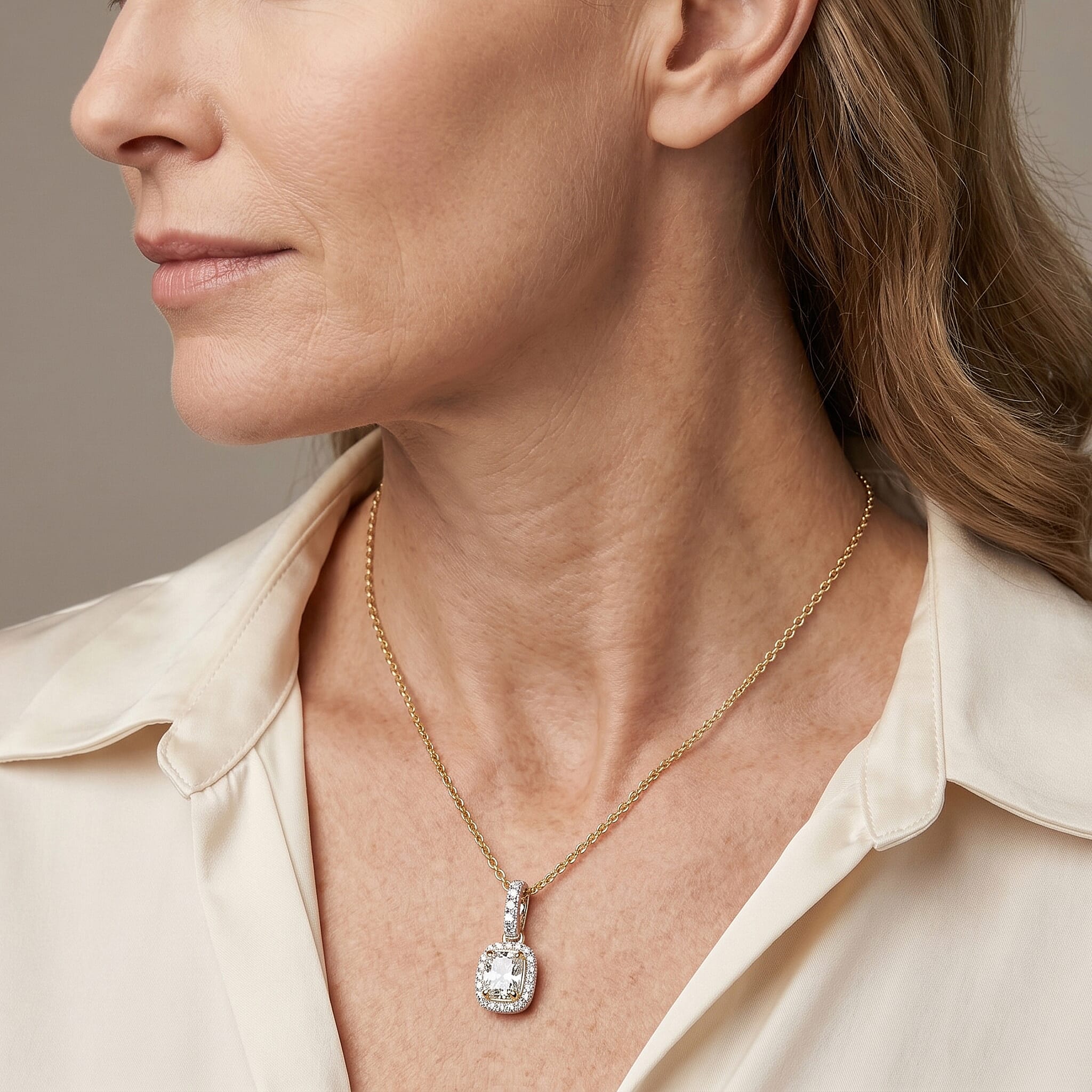 Luxuriant - SGL Certified Lab Grown Diamond (SI-G-H) Cushion Cut Halo Pendant with Chain (Size 20) in 18K Vermeil Yellow Gold Plated Sterling Silver 1.20 Ct.