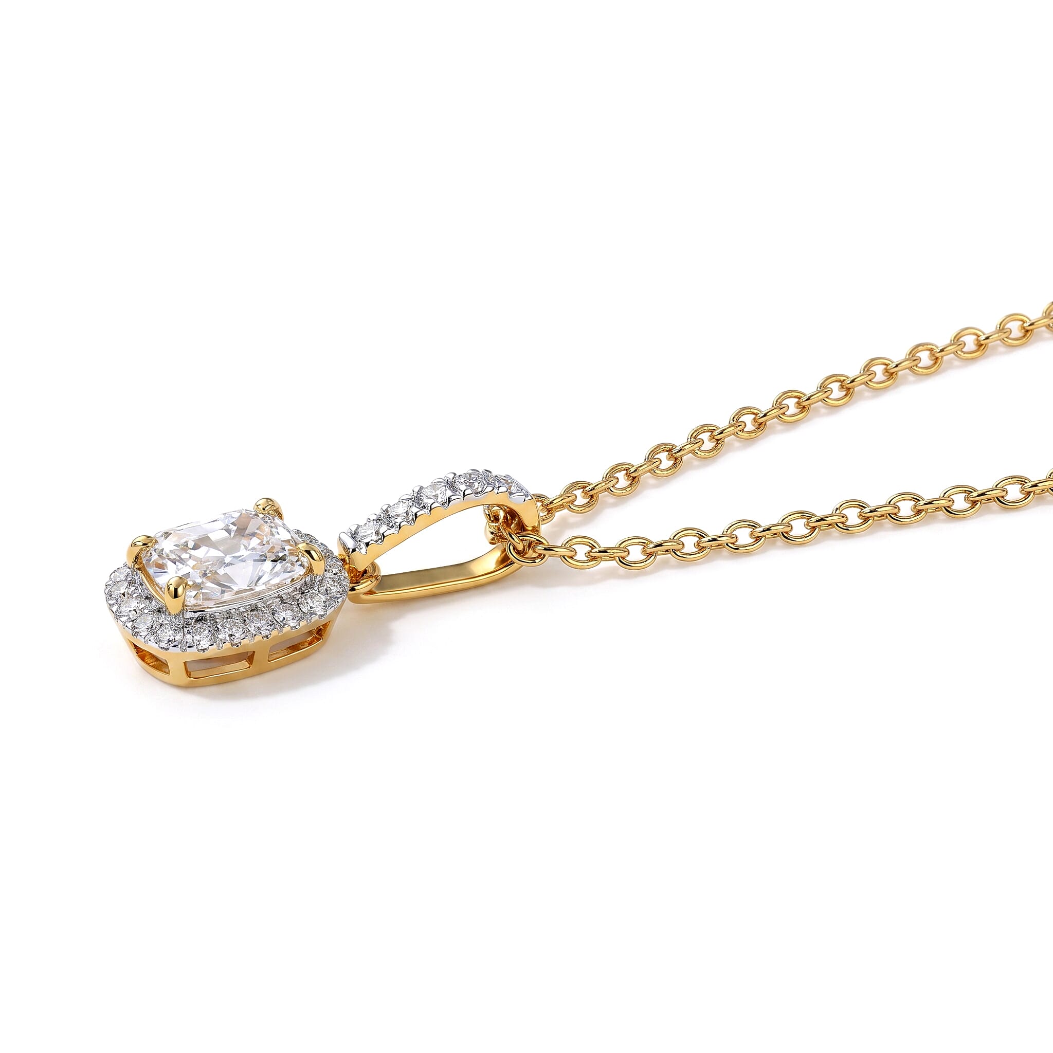 Luxuriant - SGL Certified Lab Grown Diamond (SI-G-H) Cushion Cut Halo Pendant with Chain (Size 20) in 18K Vermeil Yellow Gold Plated Sterling Silver 1.20 Ct.