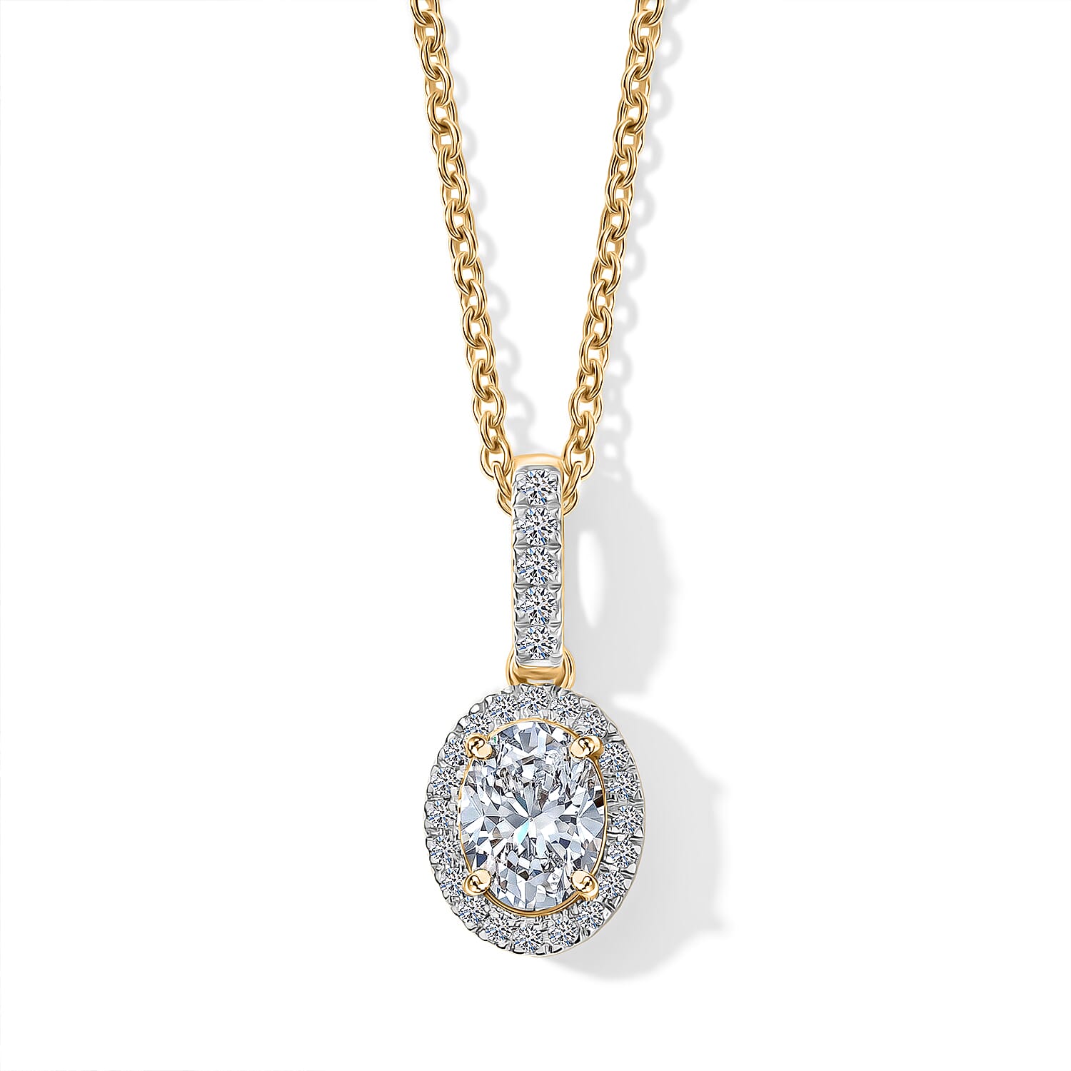 Luxuriant - SGL Certified Lab Grown Diamond (SI-G-H) Oval Halo Pendant with Chain (Size 20) in 18K Vermeil Yellow Gold Plated Sterling Silver 1.20 Ct.