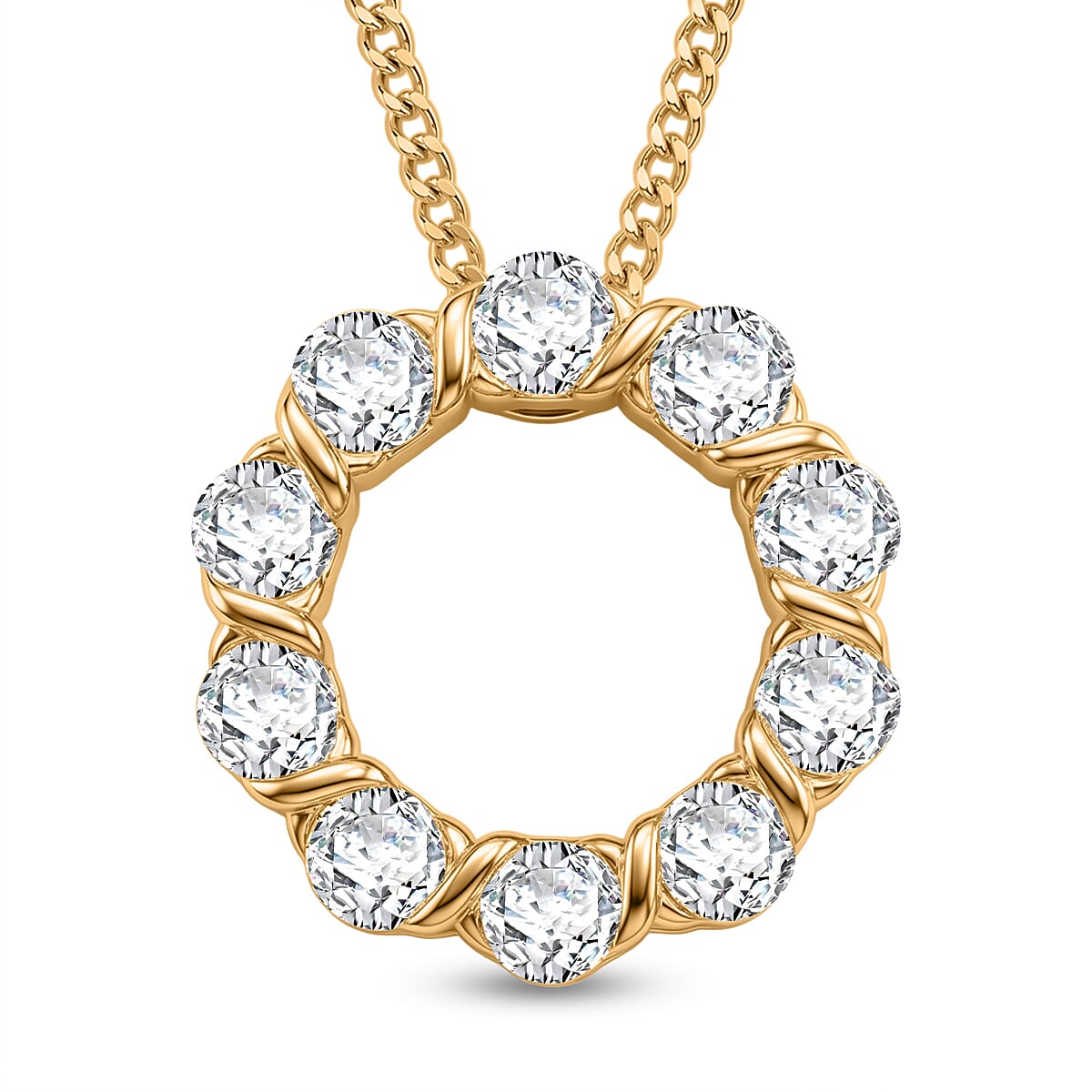 GRA Certified (D-VVS1) Moissanite Circle Cluster Pendant with Chain (Size 18) in Yellow Gold Plated Sterling Silver 1.10 Ct.