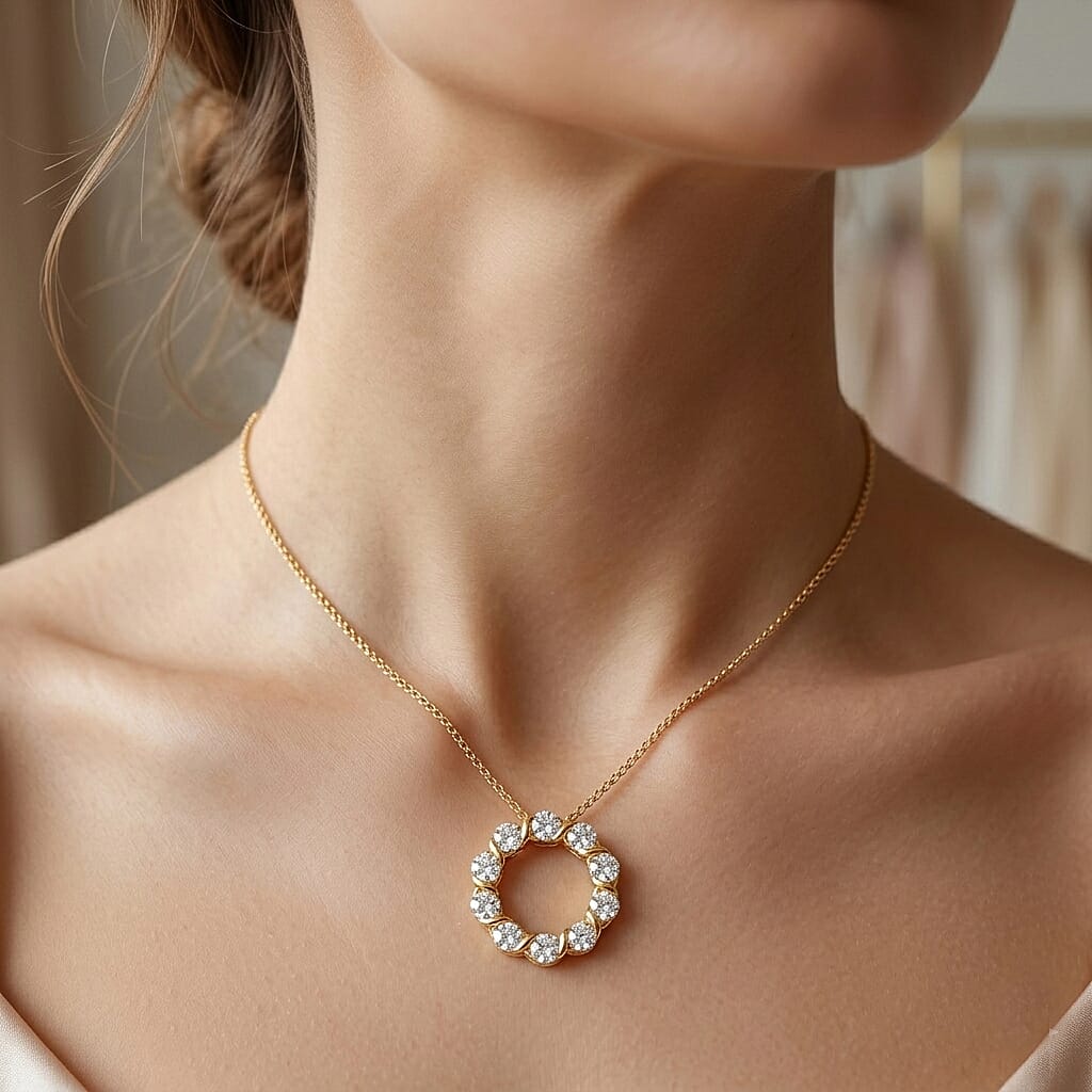GRA Certified (D-VVS1) Moissanite Circle Cluster Pendant with Chain (Size 18) in Yellow Gold Plated Sterling Silver 1.10 Ct.