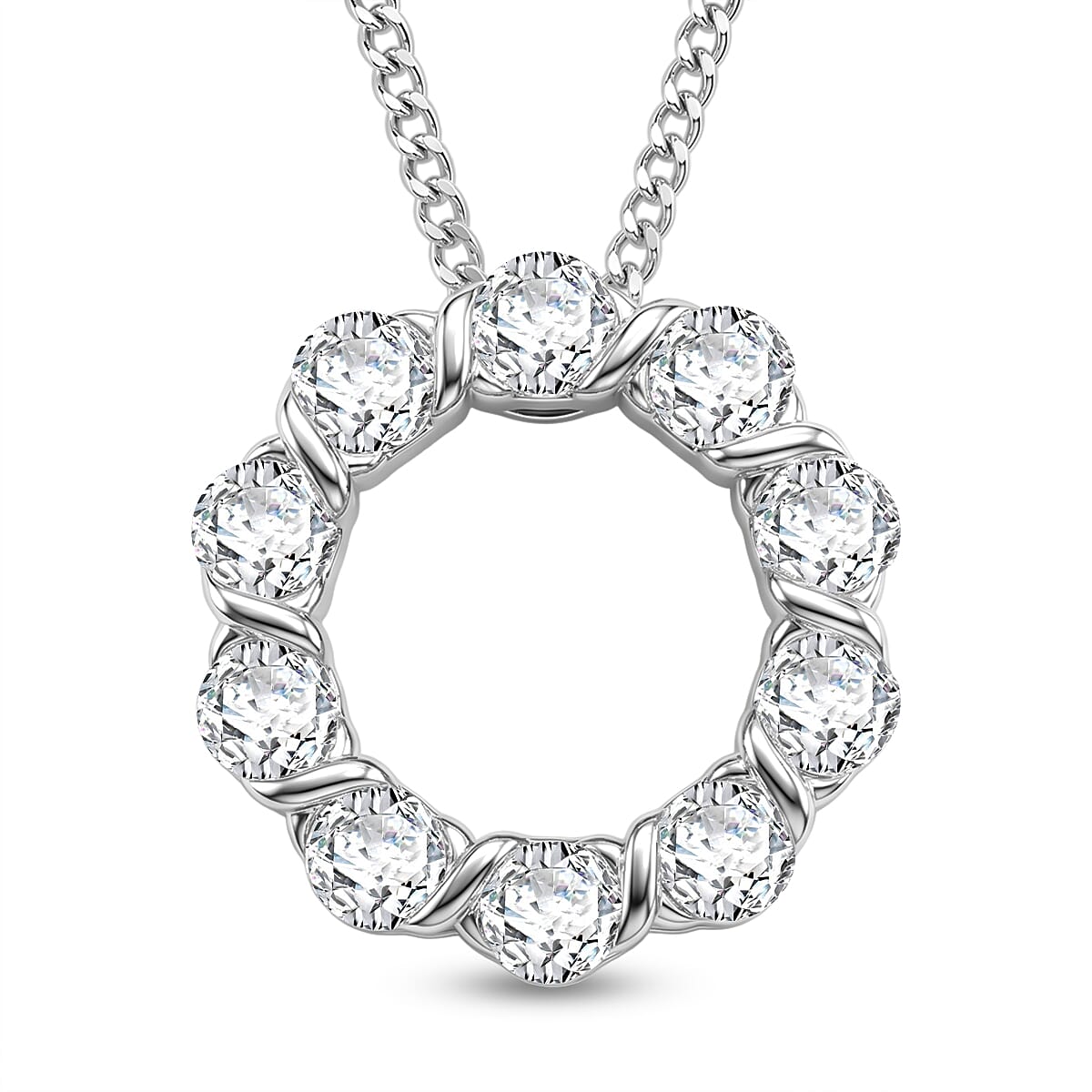 GRA Certified Moissanite Circle Cluster Pendant with Chain (Size 18) in Rhodium Overlay Sterling Silver 1.10 Ct.