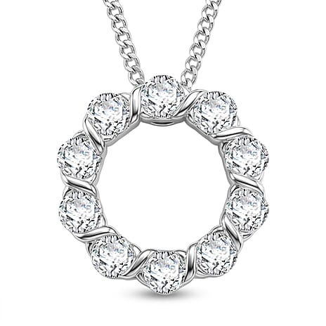 GRA Certified Moissanite Circle Cluster Pendant with Chain (Size 18) in Rhodium Overlay Sterling Silver 1.10 Ct.