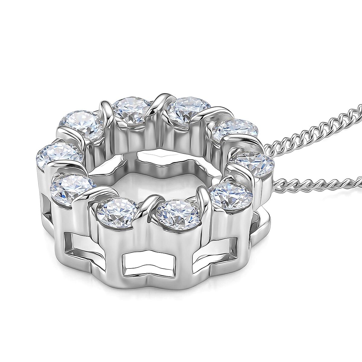 GRA Certified Moissanite Circle Cluster Pendant with Chain (Size 18) in Rhodium Overlay Sterling Silver 1.10 Ct.