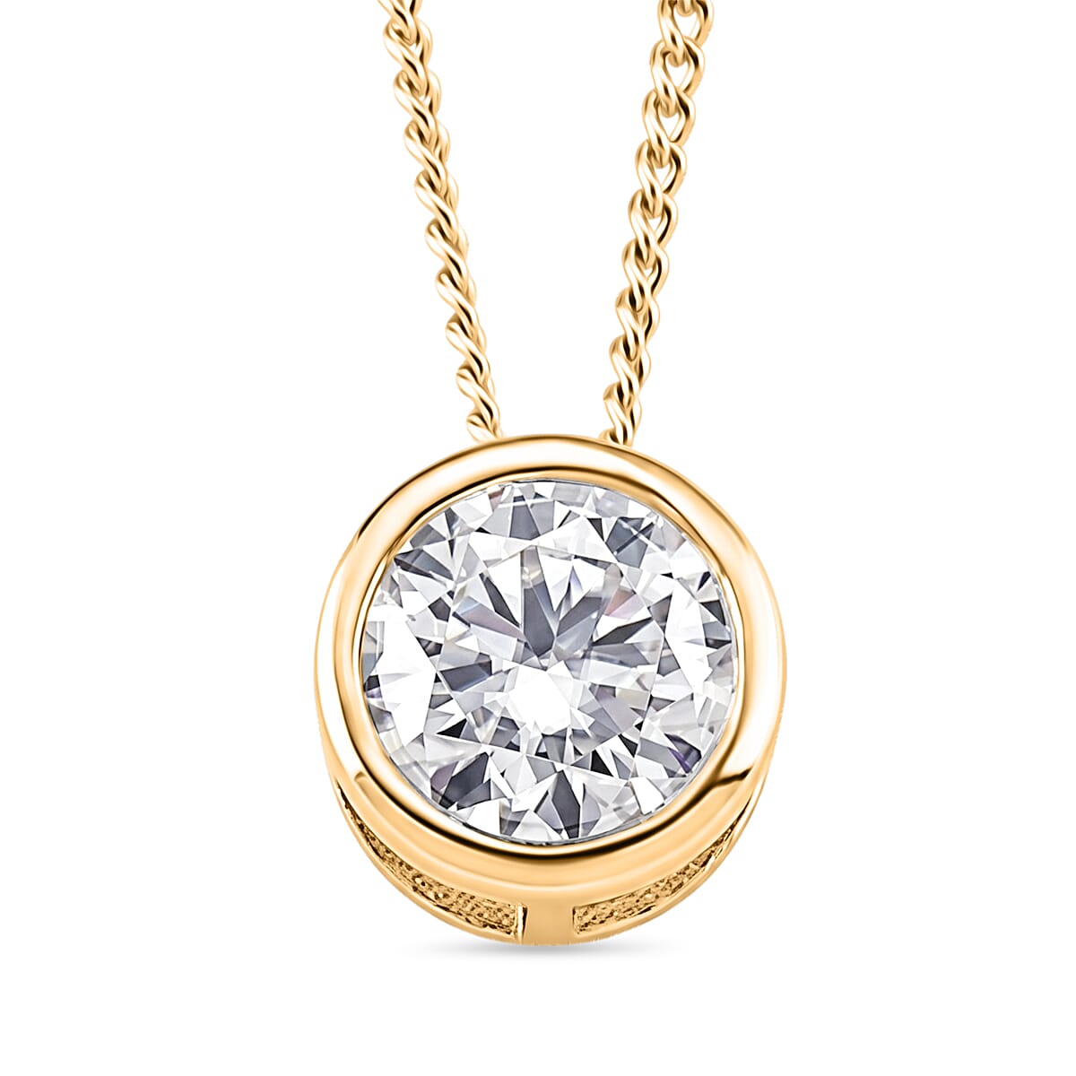 GRA Certified (D-VVS1) Moissanite Solitaire Pendant with Chain (Size 18) in Yellow Gold Plated Sterling Silver 1.00 Ct.