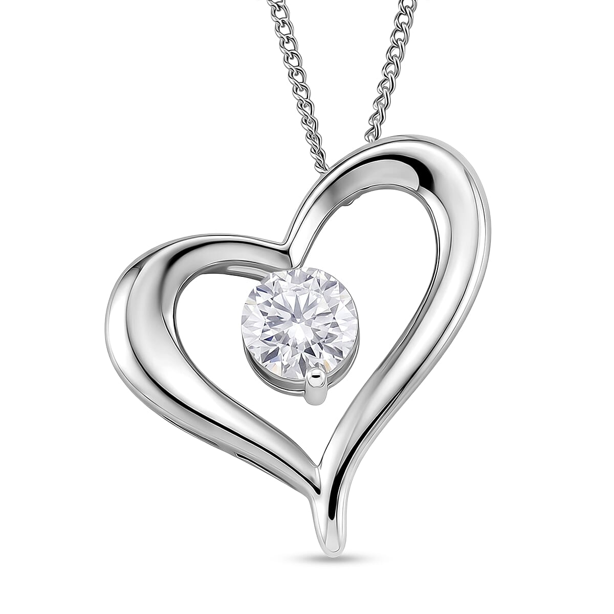 GRA Certified Moissanite Heart Pendant with Chain (Size 18) in Rhodium Overlay Sterling Silver
