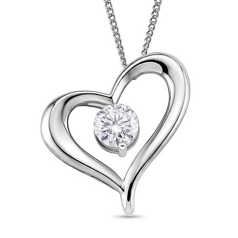 GRA Certified Moissanite Heart Pendant with Chain (Size 18) in Rhodium Overlay Sterling Silver