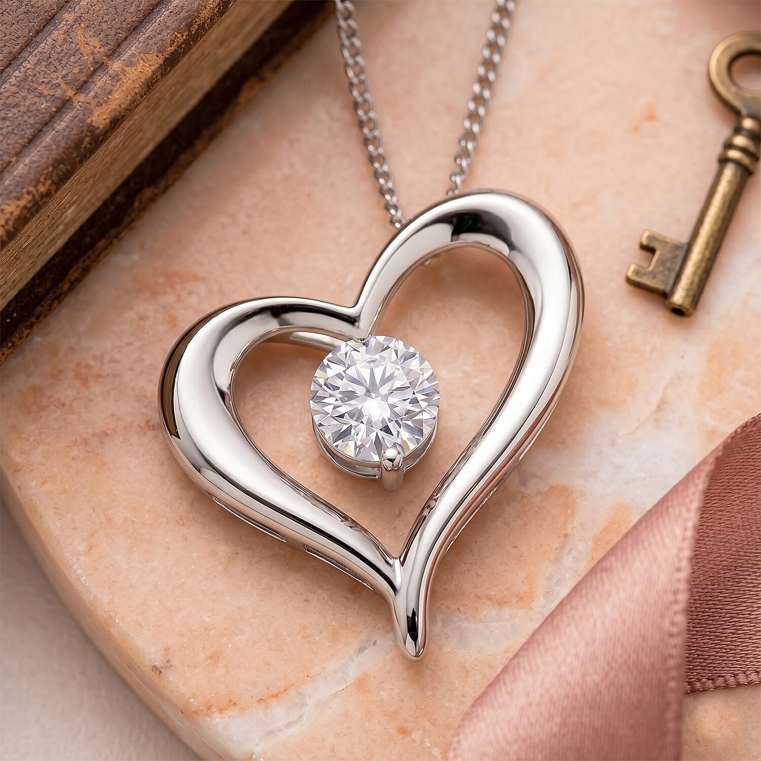 GRA Certified Moissanite Heart Pendant with Chain (Size 18) in Rhodium Overlay Sterling Silver