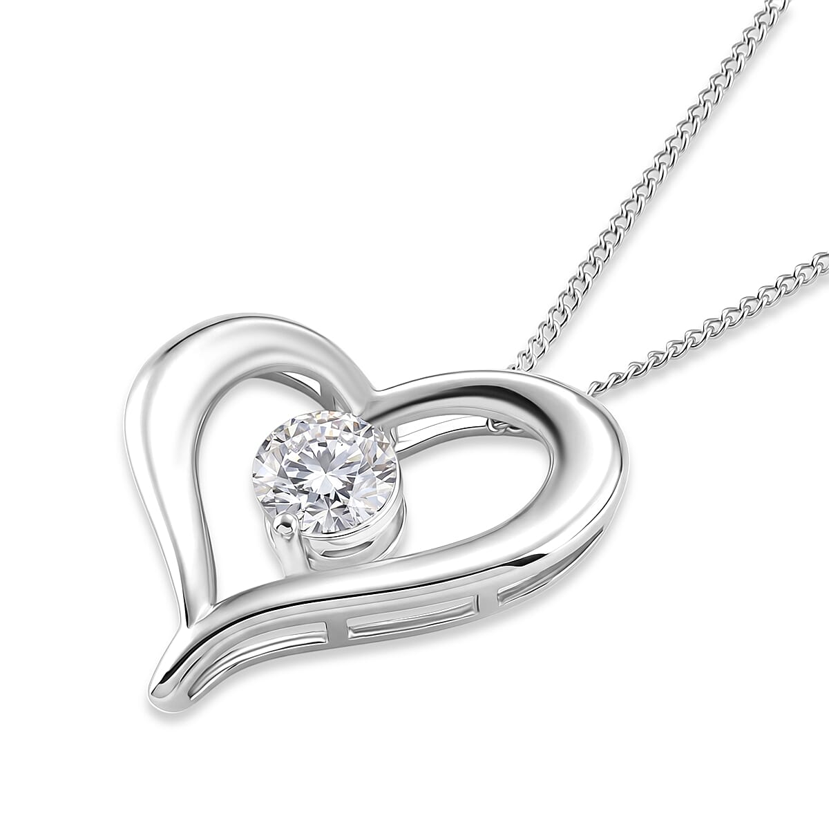 GRA Certified Moissanite Heart Pendant with Chain (Size 18) in Rhodium Overlay Sterling Silver