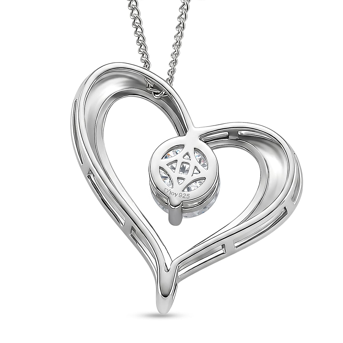GRA Certified Moissanite Heart Pendant with Chain (Size 18) in Rhodium Overlay Sterling Silver