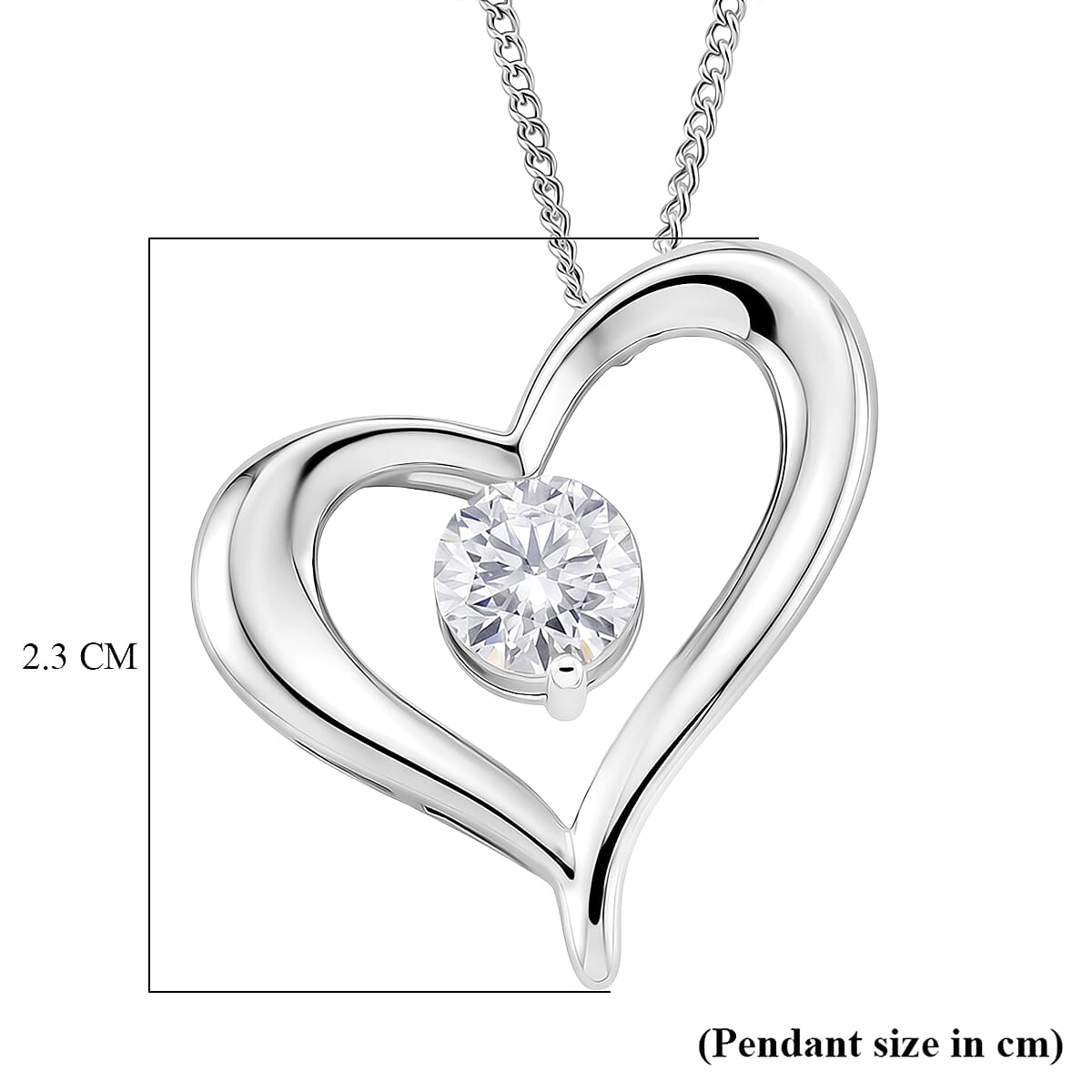 GRA Certified Moissanite Heart Pendant with Chain (Size 18) in Rhodium Overlay Sterling Silver
