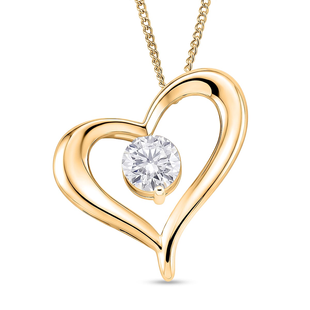GRA Certified Moissanite Heart Pendant with Chain (Size 18) in Yellow Gold Plated Sterling Silver