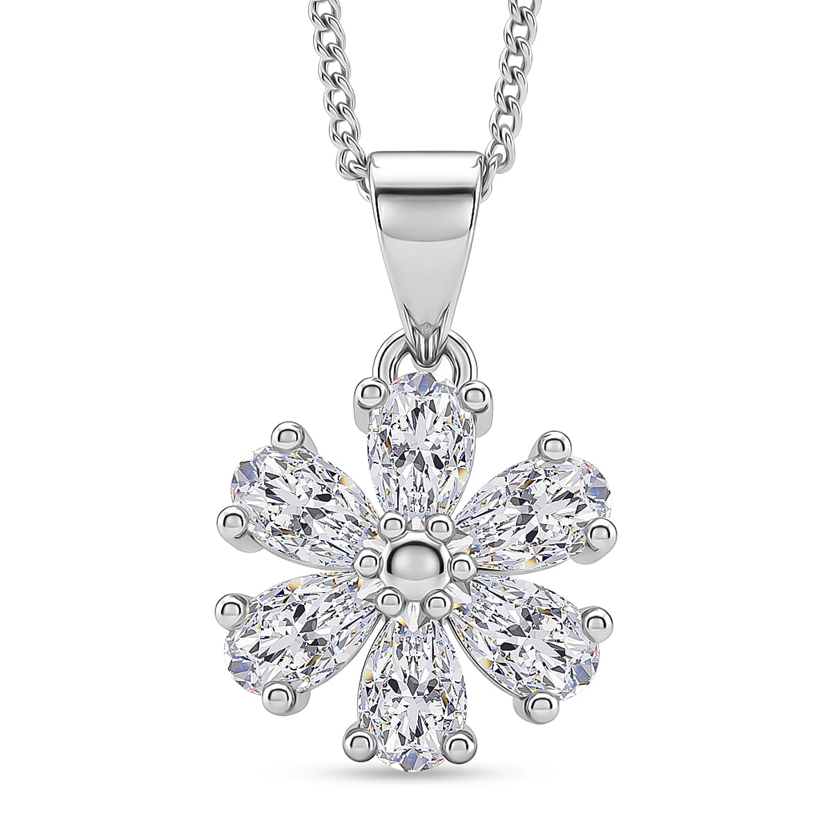 GRA Certified Moissanite Floral Pendant with Chain (Size 18) in Rhodium Overlay Sterling Silver 1.32 Ct.