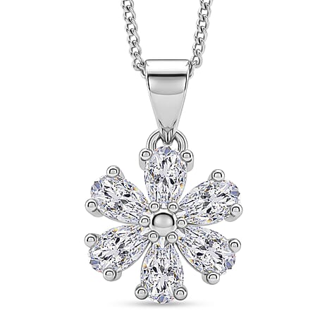 GRA Certified Moissanite Floral Pendant with Chain (Size 18) in Rhodium Overlay Sterling Silver 1.32 Ct.