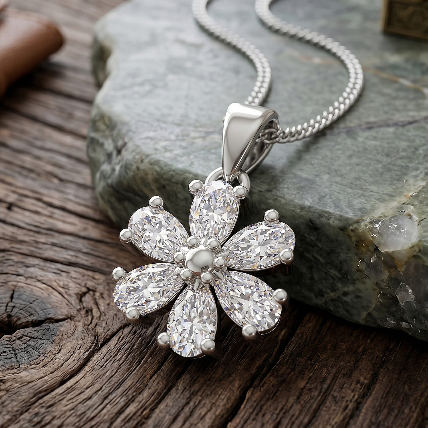 GRA Certified Moissanite Floral Pendant with Chain (Size 18) in Rhodium Overlay Sterling Silver 1.32 Ct.