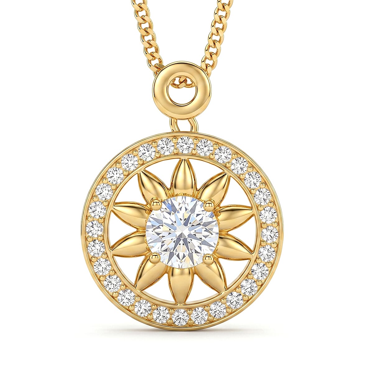 GRA Certified (D-VVS1) Moissanite Sunburst Pendant with Chain (Size 18) in Yellow Gold Plated Sterling Silver 1.20 Ct.