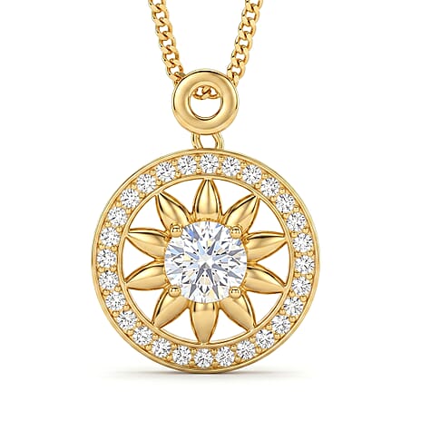 GRA Certified (D-VVS1) Moissanite Sunburst Pendant with Chain (Size 18) in Yellow Gold Plated Sterling Silver 1.20 Ct.